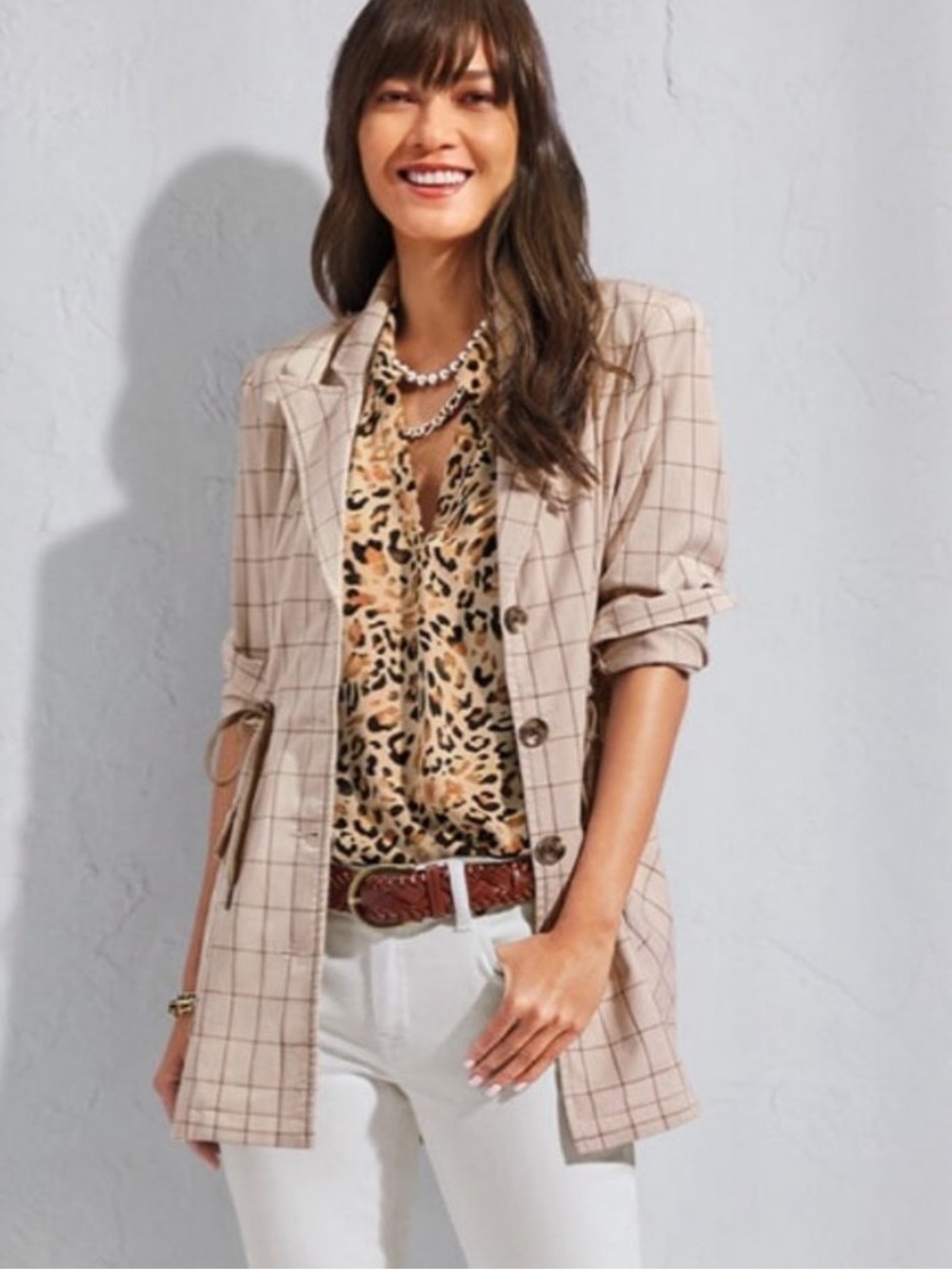 Cabi Windowpane Jacket 6026 Women's Drawstring Waist Small Tan Beige Pockets